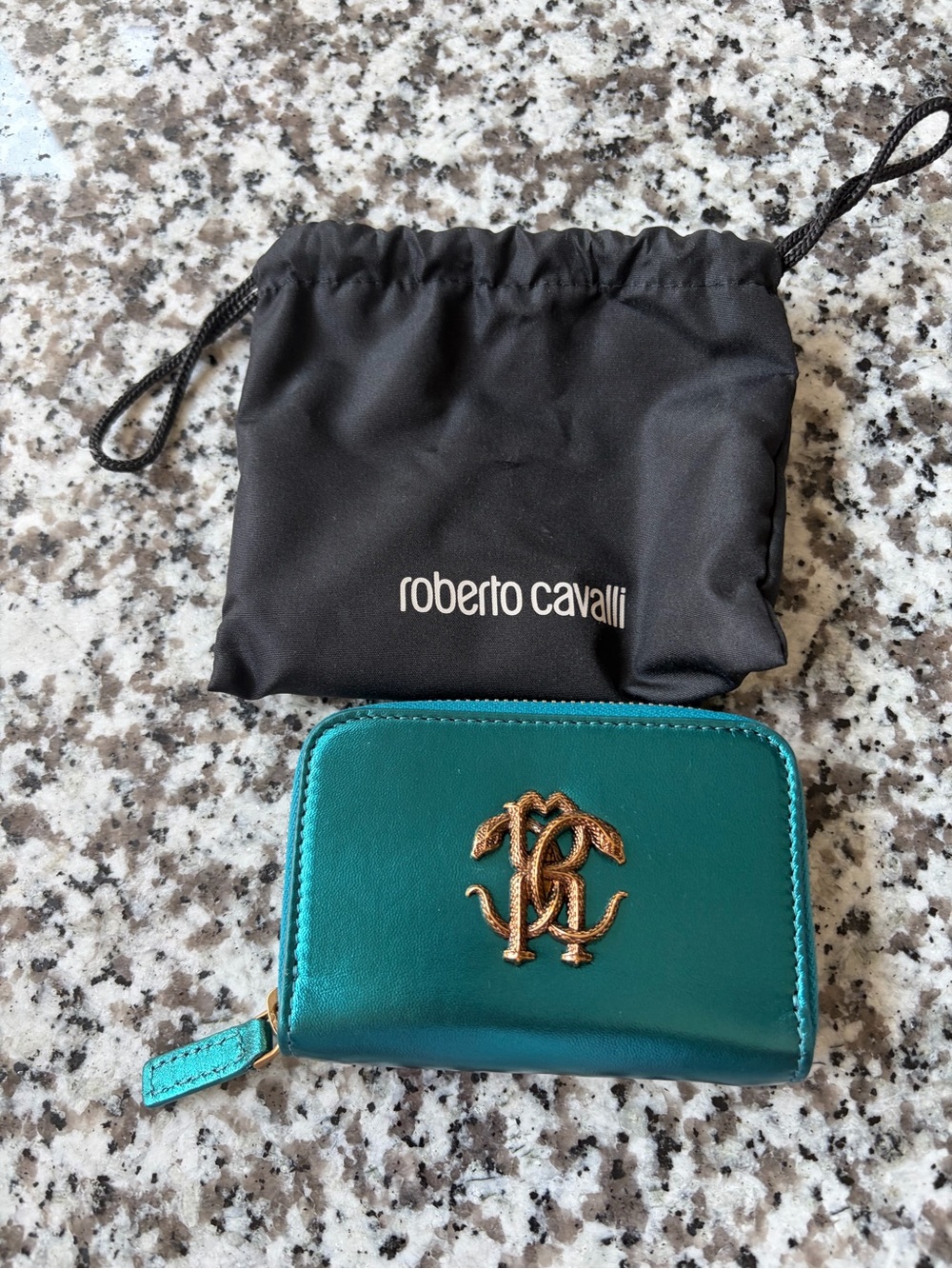 Roberto Cavalli Women's Teal Card Wallet with Gold Logo